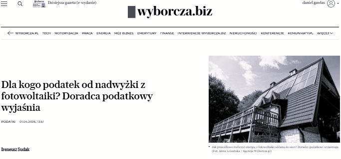 Dla kogo podatek od nadwyżki z fotowoltaiki? – komentarz dla Wyborcza.biz